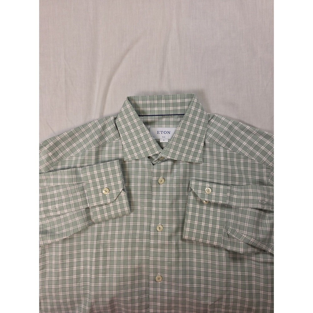 Eton Dress Shirt Mens 15.5 34/35 Green Check Slim Fit Cotton Linen Long Sleeve